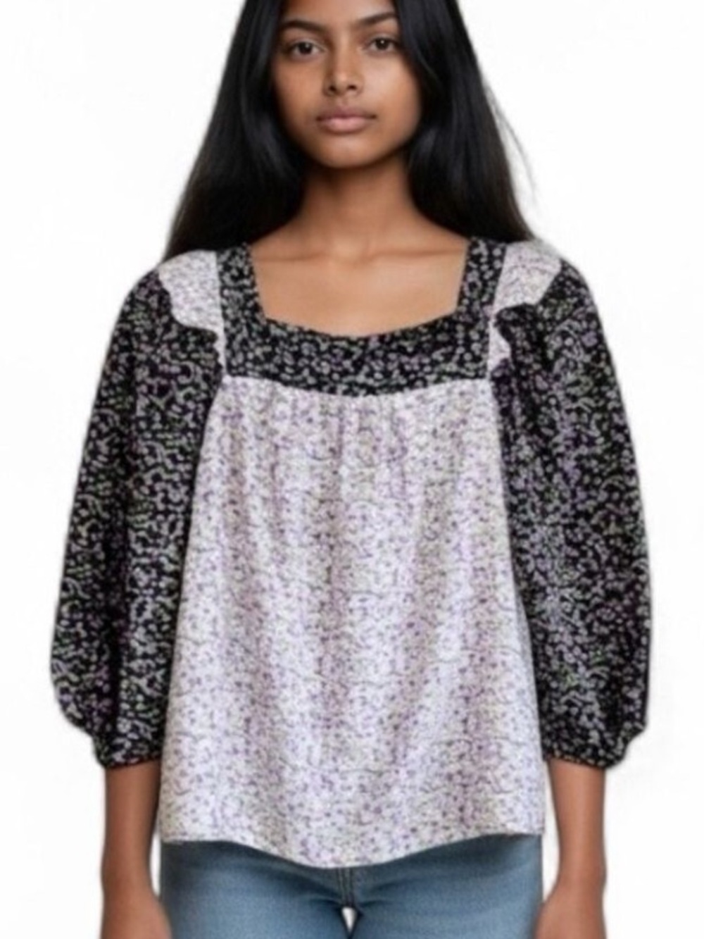 Carolina Belle Blouse Boho Peasant Floral Puff Sleeve Cottage Top Small